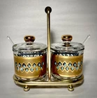 Vintage MCM Jeanette Glass Condiment Set Turquoise & Gilt Jars w/ Caddy & Spoons