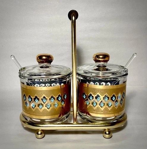 Vintage MCM Jeanette Glass Condiment Set Turquoise & Gilt Jars w/ Caddy & Spoons