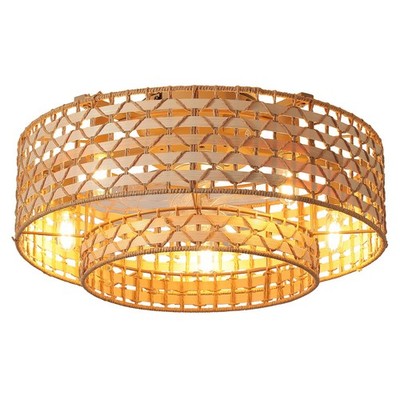 Boho Rattan Flush Mount Ceiling Fan with Light, Bamboo Wicker Caged Ceiling Fan
