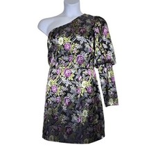 Boohoo Womens One Shoulder Puff Sleeve Floral Jacquard Mini Dress Size 12 NWT