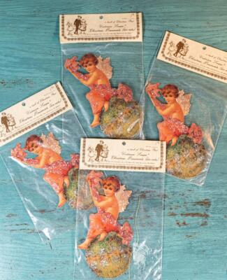Set/4 Vintage Old Print Factory Victorian Angel Cherub Pink Die Cuts Glitter