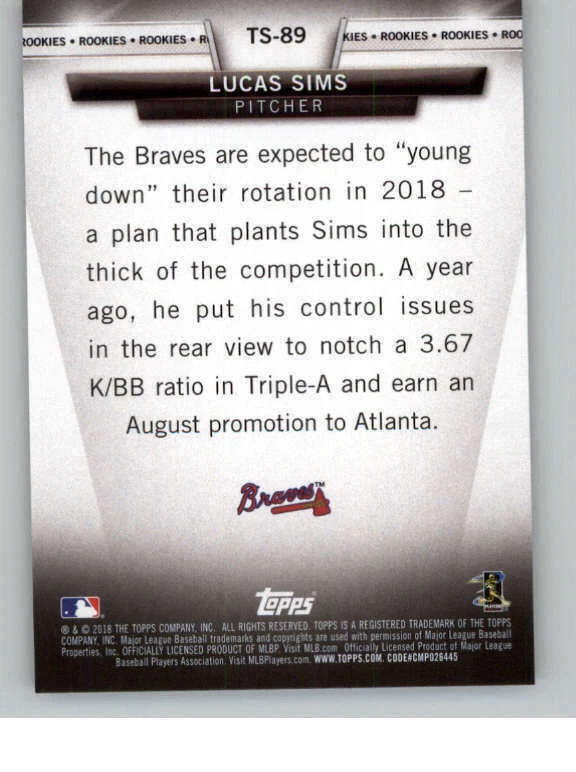 2018 Topps Salute #TS89 Lucas Sims (ref 144567) - Image 2 of 2