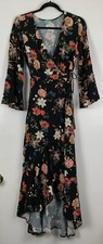 Anthropologie Farm Rio Wrap Dress Size XS Black Floral Maxi Bell Sleeve