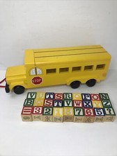 Yellow School Bus Wooden Pull Toy Blocks w/ Additional Lot Full Set of Letters