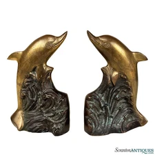 Vintage Coastal Art Deco Brass Dolphin Library Bookends - A Pair