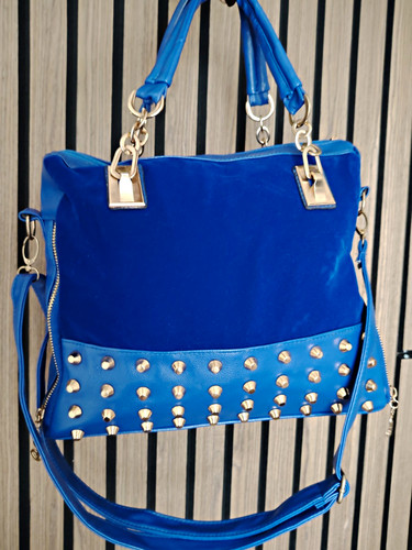 Wailongbag Blue Velvet & Leather Studded Handbag Crossbody Shoulder Bag Medium