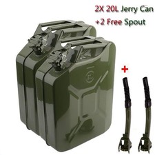 2 x 20L Litre Metal Jerry Can Green Car Storage Fuel Container & 2 x Metal Spout