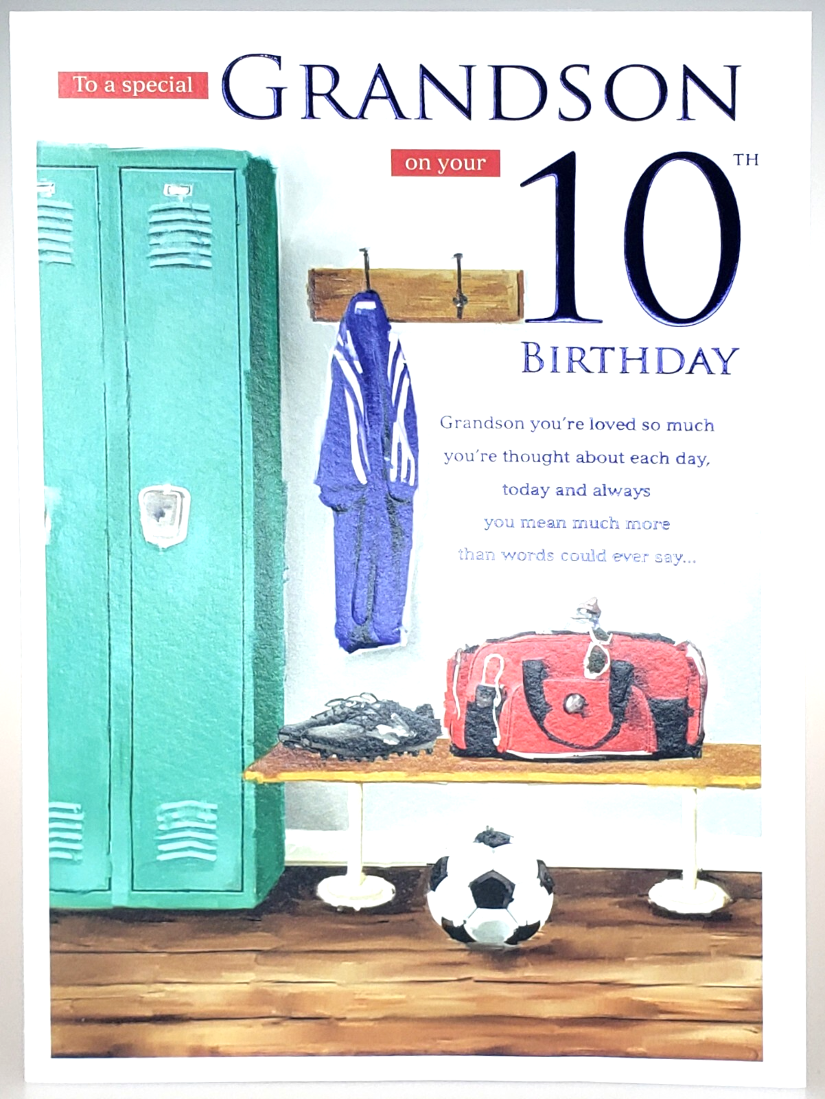 Birthday Card GRANDSON 10th 10 Football. **Nine Inch Foiled Card**