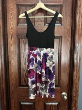 Express floral fit & flare dress, black knit bodice, purple print skirt, size 6