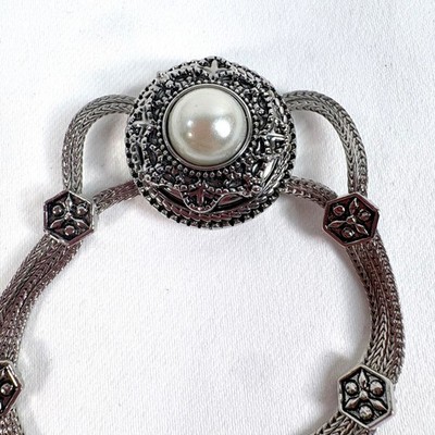 Ginger Snaps Bracelet Silver Tone Faux Pearl Interchangeable Snap Wheat Chain