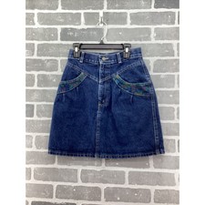 Vintage Chic Floral Trim Denim Mini Skirt Dark Wash High Waist Western Size 7