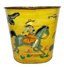 Vtg 1950s Harvell Cowboy Cowgirl Metal Trash Can Western Waste Basket Hopalong