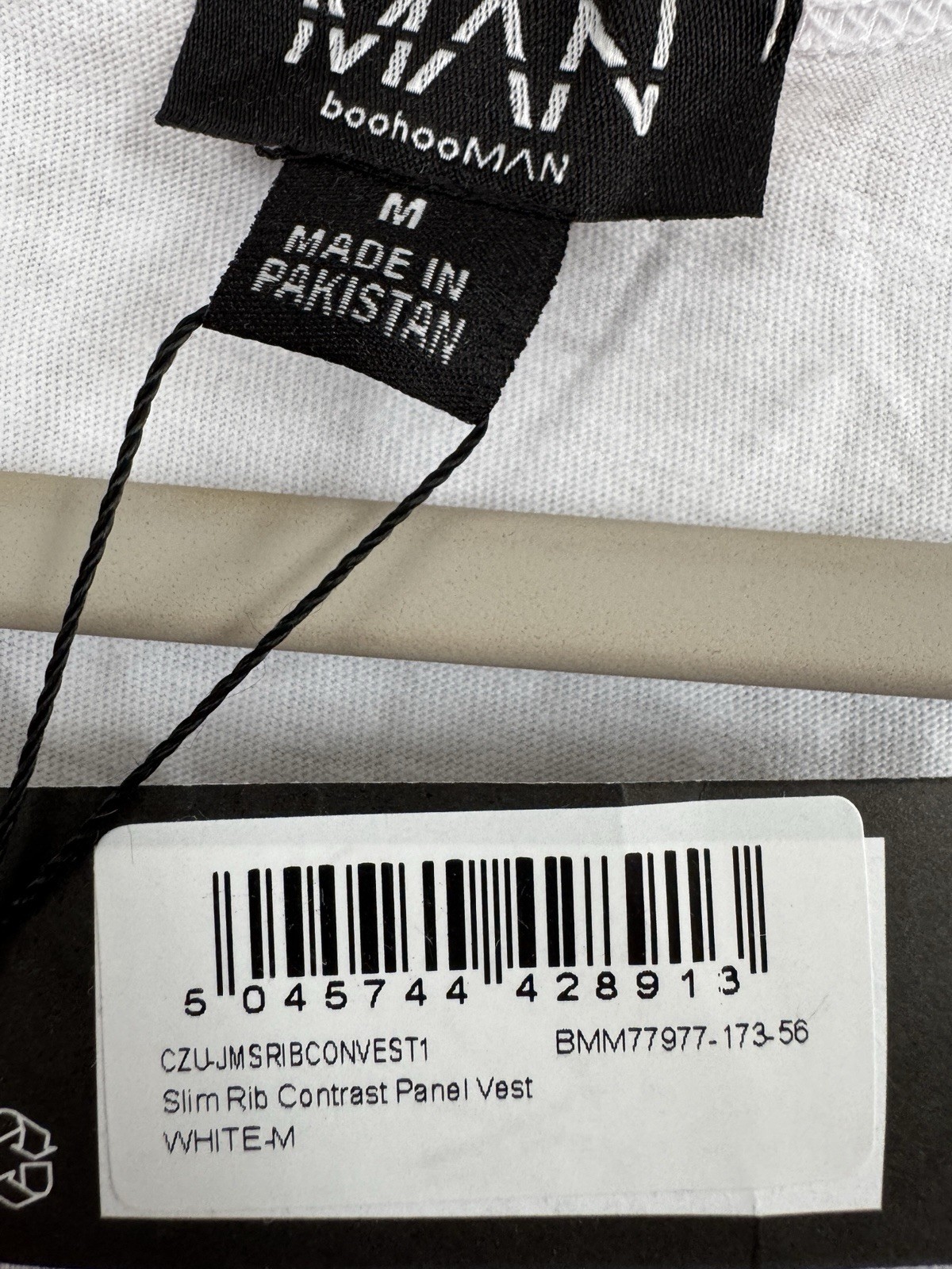 Boohoo Man Men's Slim Rib Contrast Panel Vest Tank Top White Size M NWT