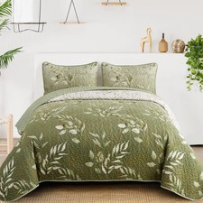 Floral Queen Quilt Set,3 Piece Olive Green Flower Pattern Bedspread Coverlet ...