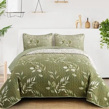 Floral Queen Quilt Set,3 Piece Olive Green Flower Pattern Bedspread Coverlet ...