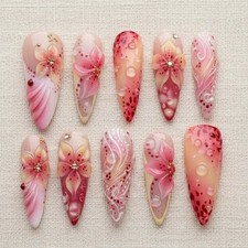 Long Stiletto 3D Press-On Nails Set, Pink White Red Floral Pre-Designed