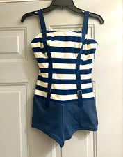 1960s Catalina Women's Blue/White Striped One-Piece Swimsuit w/ Buckle, 12