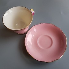 1940s Royal Winton floral handle tea cup & saucer pink gilt vintage England #2