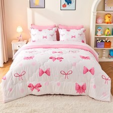 Wajade 7 Piece Pink Bow Bedding Set for Girls Kids Full Size Comforter Set wi...