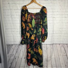 Farm Rio Black Animal Life Maxi Dress Smocked Bodice Long Sleeve NWT Size M