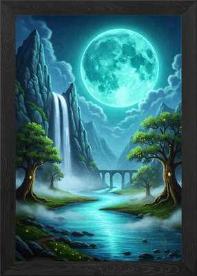 Fantasy Landschaft Wasserfall Mond gerahmtes Wandbild Poster Leinwanddruck Bild