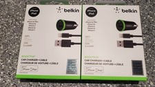 Two Belkin iPhone Car Charger With Speed Charge Sync Cable 12 Watt/2.4 Amp