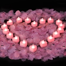 2000 Pieces Pink Artificial Rose Petals with 24 Pink Heart LED Tea Lights, Ro...