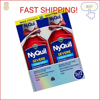 Vicks NyQuil SEVERE Cold, Flu, and Congestion Medicine, 2x12 fl oz Twin Pack, Be