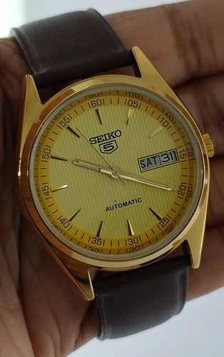 Vintage Seiko 5 Automatic Yellow Dial 6309 17 Jew D/D GP Case Men Wristwatch