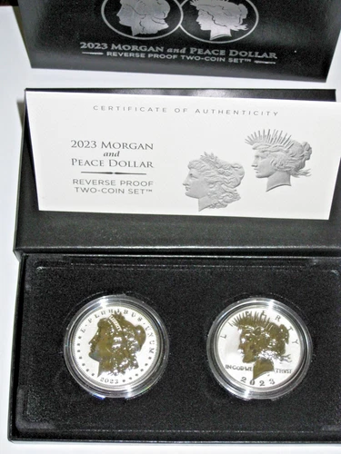 2023-S Morgan and Peace Silver Dollar 2pc Reverse Proof Set Box ,OGP & COA