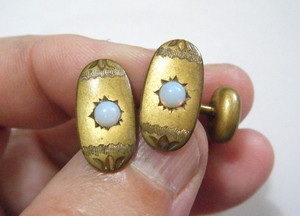 Authentic Pretty Antique Victorian Gold Plated Opal Art Nouveau Bean Back Cufflinks