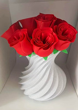 Artificial Paper Red Rose Flower Arrangement in White Swirl Vase Centerpiece 3 D