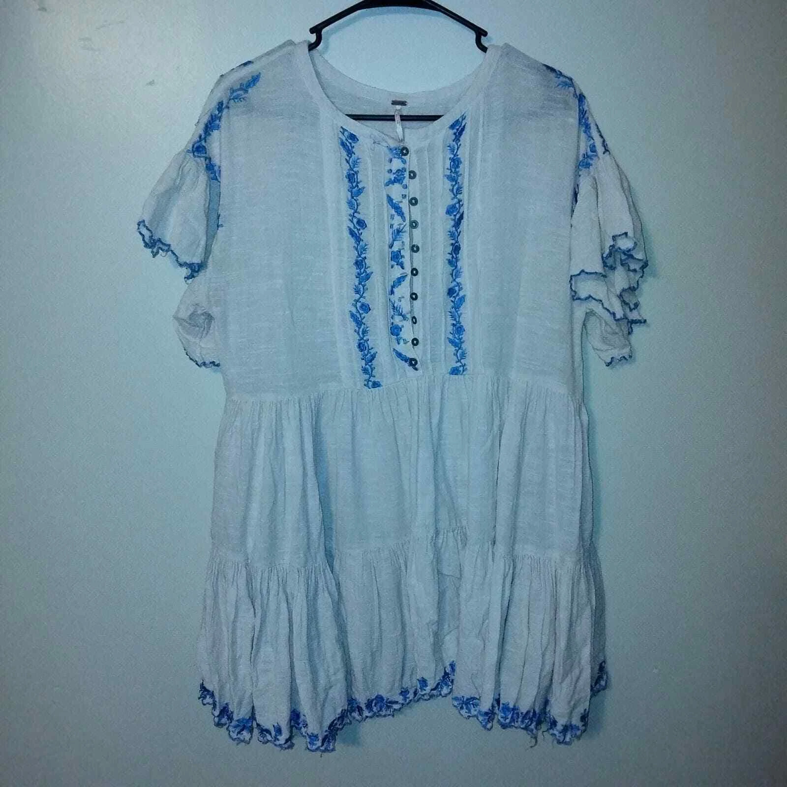 OFF WHITE Mini abito Free People bianco sporco e blu ricamato Santiago Boho S