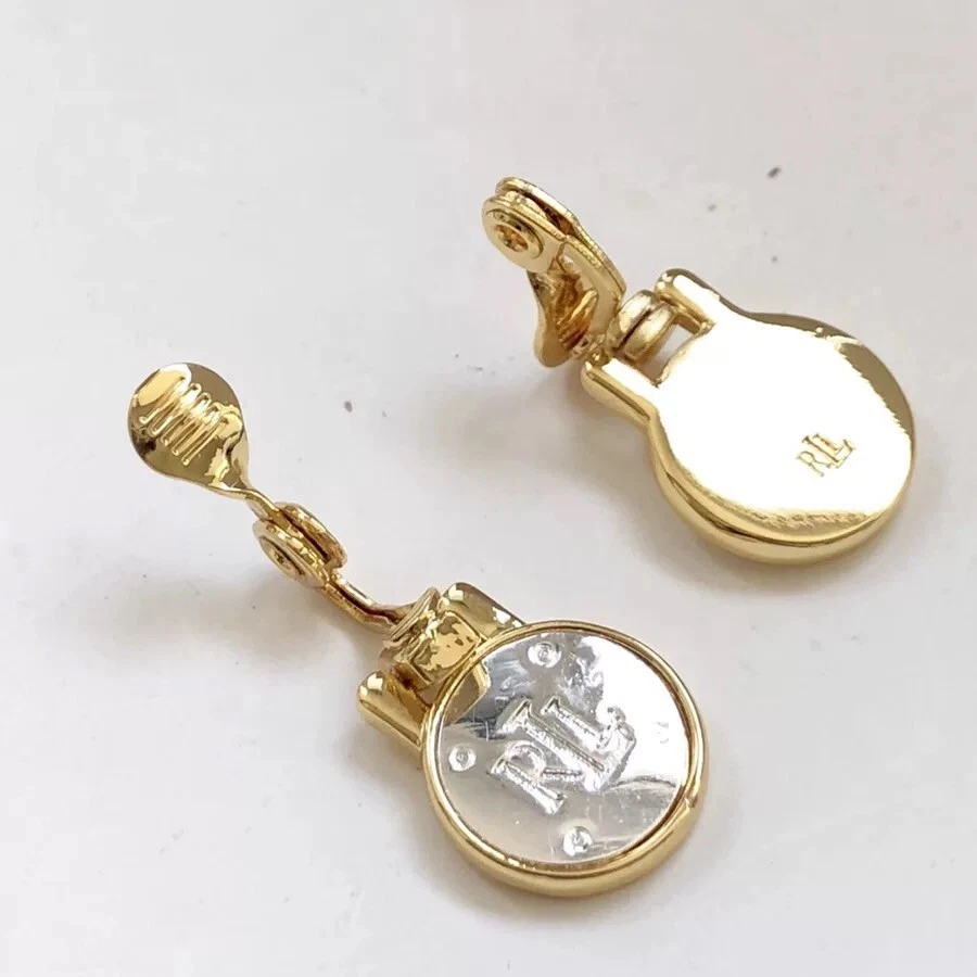 NUEVO Pendientes Ralph Lauren Dos Tonos Plata/Dorado Cresta RLL Clip-On Foto 4 de 4