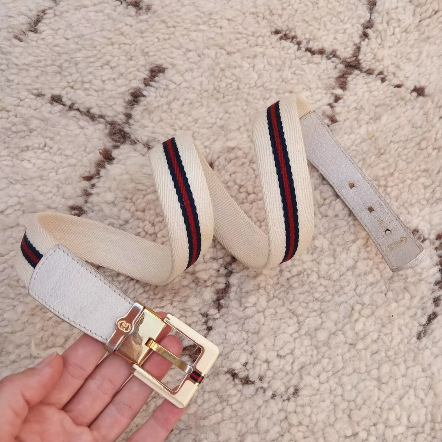 GUCCI Signature toile Web boucle de verrouillage or ceinture à rayures blanches ceinture taille 85