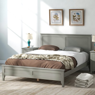 Full/Queen/King Size Bed Frame Wooden Platform Bed with Wood Headboard Gray