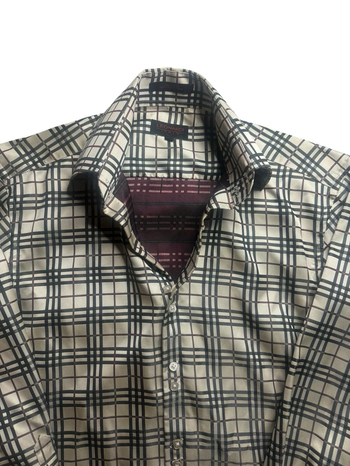 Leonardi 意大利棕色格子正装衬衫经典袖口袖子 S 码 — 第 4/4 张图片