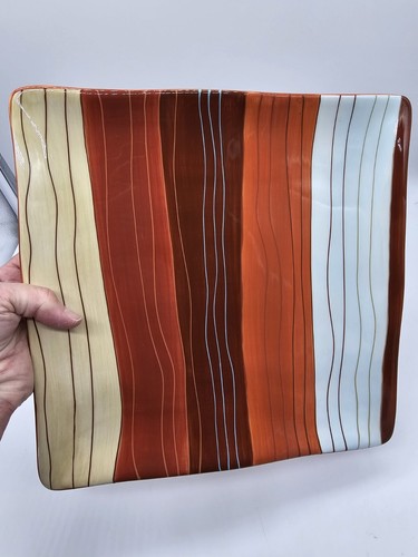 Pier 1 Canyon Striped Square 11x11" Dinner Dish Fall Handpainted Earthenware - Picture 2 of 9