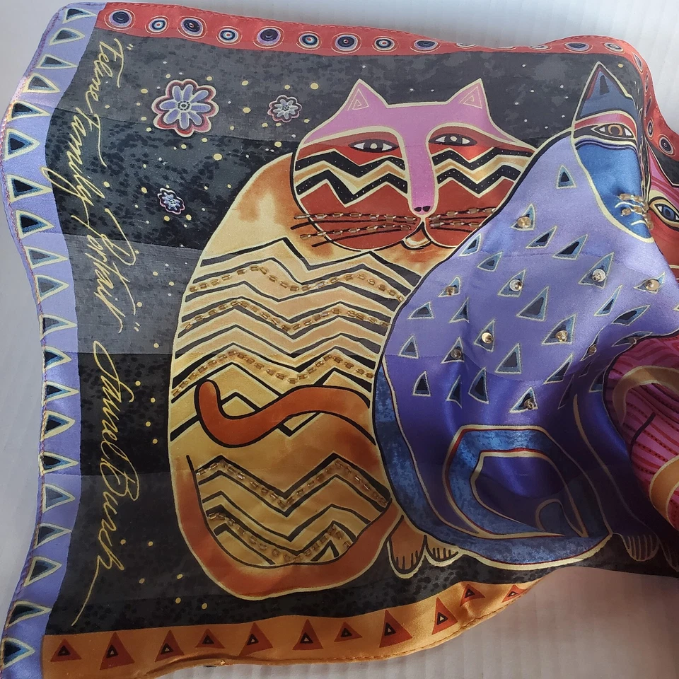Bufanda vintage Laurel Burch retrato familiar felino multicolor 100 % seda con cuentas Foto 2 de 4