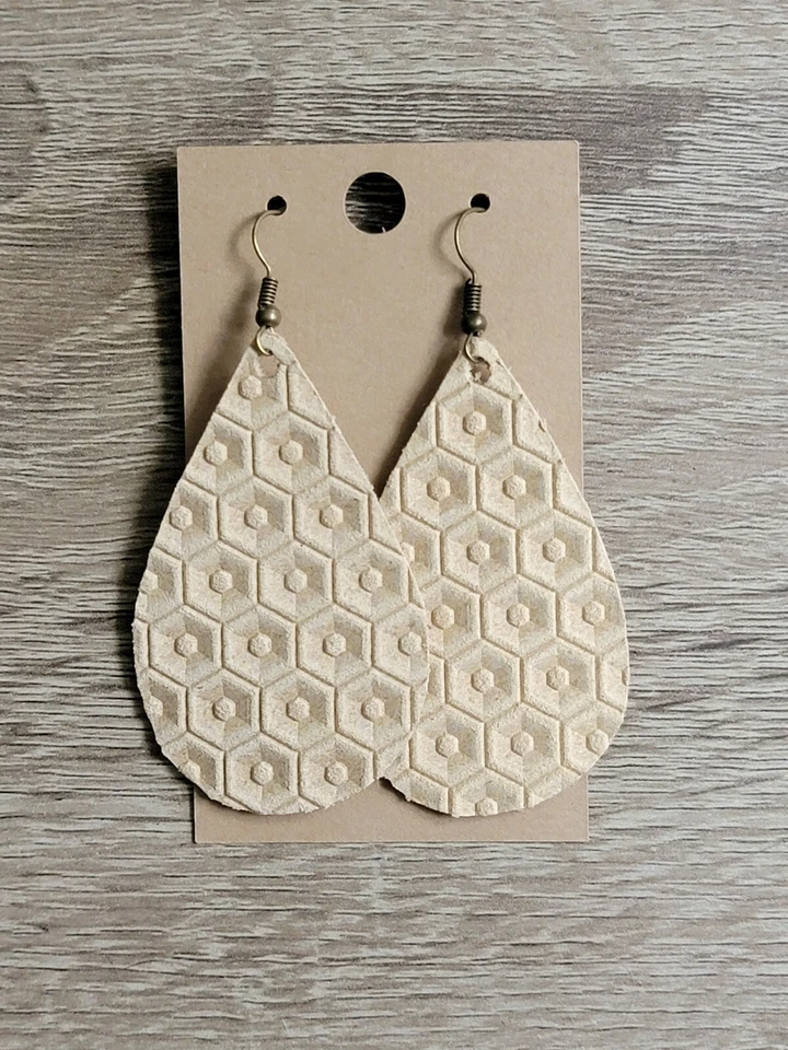 GENUINE Leather Teardrop Earrings Nude Bee Hive Embossed 2.5" - Image 1 of 1