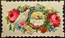 Victorian Die-Cut Scrap Card &ndash; Dove, Roses & Winter Scene &ndash; "All Love is Sweet"