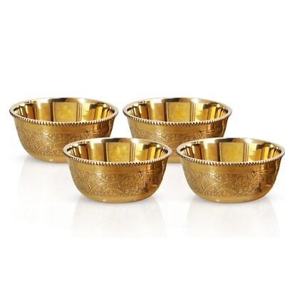 Pure Brass Embossed Design Flat Bottom Bowl Dinnerware 220 ml, Set oF 4 US