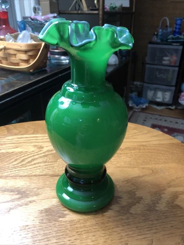 Fenton Ivy Green Overlay Double Crimped 8.5 Inch Vase