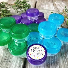 21 Mini Jars green aqua purple 1/4 oz   1tsp 3301 Makeup Container DecoJars USA