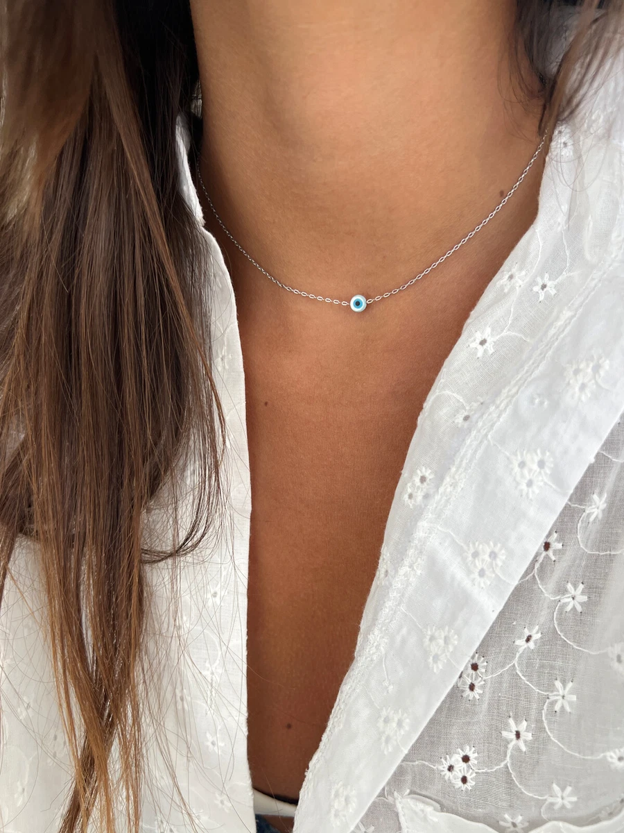 Silver 925 Evil Eye Charm Choker Necklace 14k Gold Third Evil Eye Bead Pendant