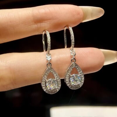 2 ctw DEW Round Cut Brilliant Moissanite 14K White Gold Over Pear Drop Earrings
