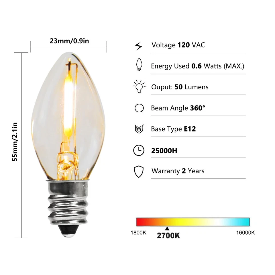 C7 LED Night Light Bulbs 0.6W Equivalent to 7W C7 Candelabra LED Filament Lig... - Image 2 of 4