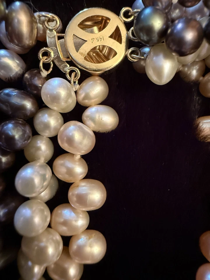 14k Gold Clasp Five Strand Multi-Colored Fresh Water Pearl Necklace 18” Choker - Image 3 of 4