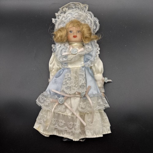 Vintage Victorian-Style Porcelain Doll, 9” Tall, Light-Blue & White Satin Dress