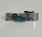 Southwestern Turquoise Tie Clip Clasp Bar hand stamped silver top small vintage